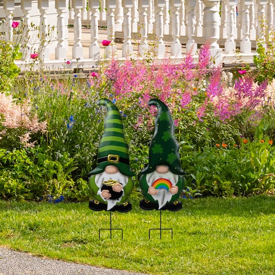 27.5" Pot of Gold & Rainbow St Patrick's Day Gnomes Outdoor Garden Stakes Set